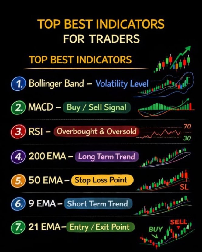 MhagamaFau31375's tweet photo. 7 TECHNICAL INDICATORS EVERY TRADER SHOULD KNOW 🚨

Stop guessing, Start using tools that actually work. 

Here’s a clean, simple list of the best indicators to help you read the market;

1. Bollinger Bands – Shows when price is jumping too high or too low (volatility level).

2. MACD – Gives clear buy & sell signals.

3. RSI – Tells you if a coin or stock is overbought or oversold.

4. 200 EMA – The big-picture long-term trend.

5. 50 EMA – Great spot to set your stop loss.

6. 9 EMA – Short-term trend direction.

7. 21 EMA – Perfect for entry and exit points.

⭐ Use them wisely. One or two can change the way you trade.