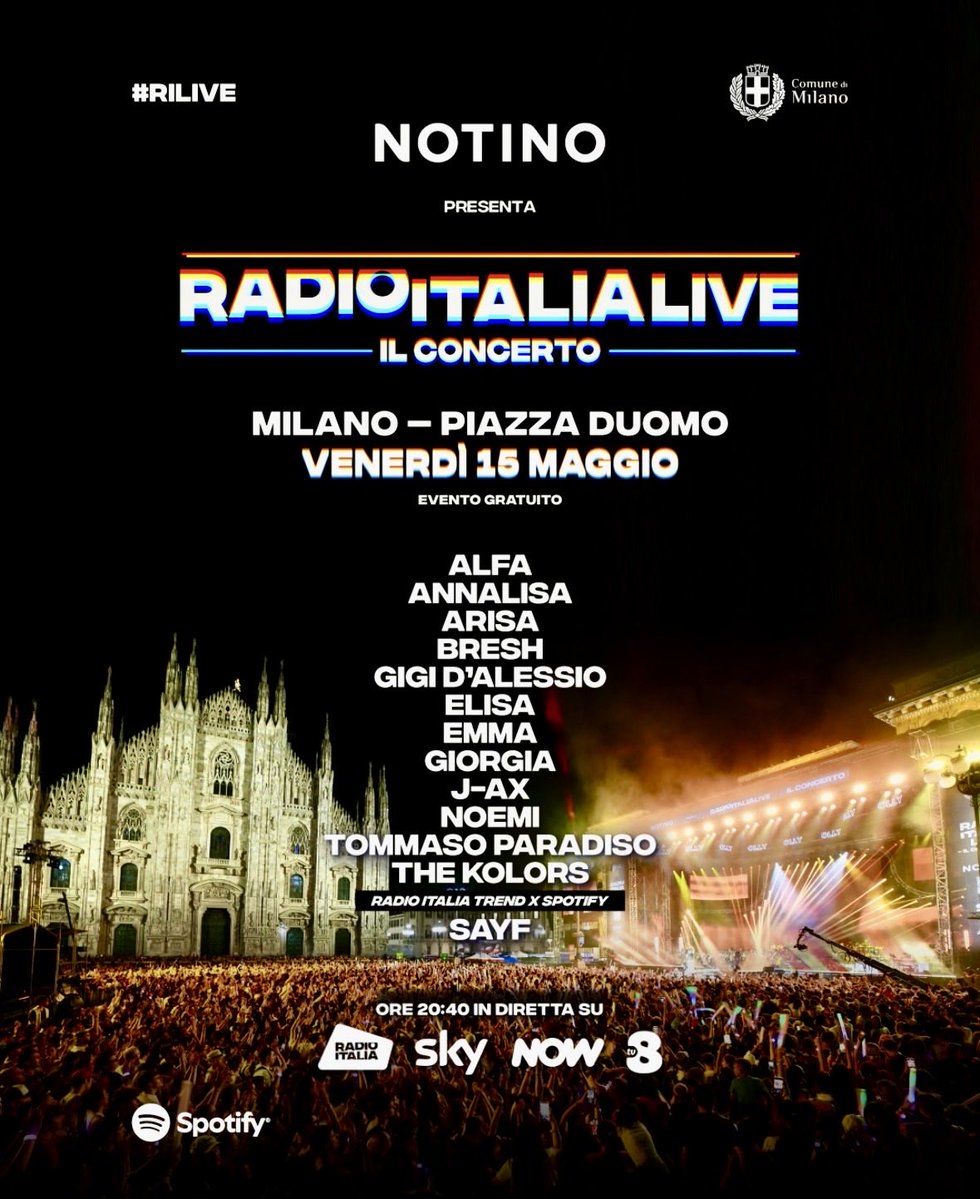 AntonioVandoni's tweet image. Ecco il Cast stellare del nostro mega CONCERTO IN PIAZZA DEL DUOMO A MILANO DEL 15 MAGGIO 2026.
SARÀ UNA FIGATA! 
PASSATE PAROLA! 🎶🎵 @15maggio #rilive
@RadioItalia @SkyItalia @TV8it @NOW #RadioItalia #RadioItaliaLive #PiazzaDuomo #Milano