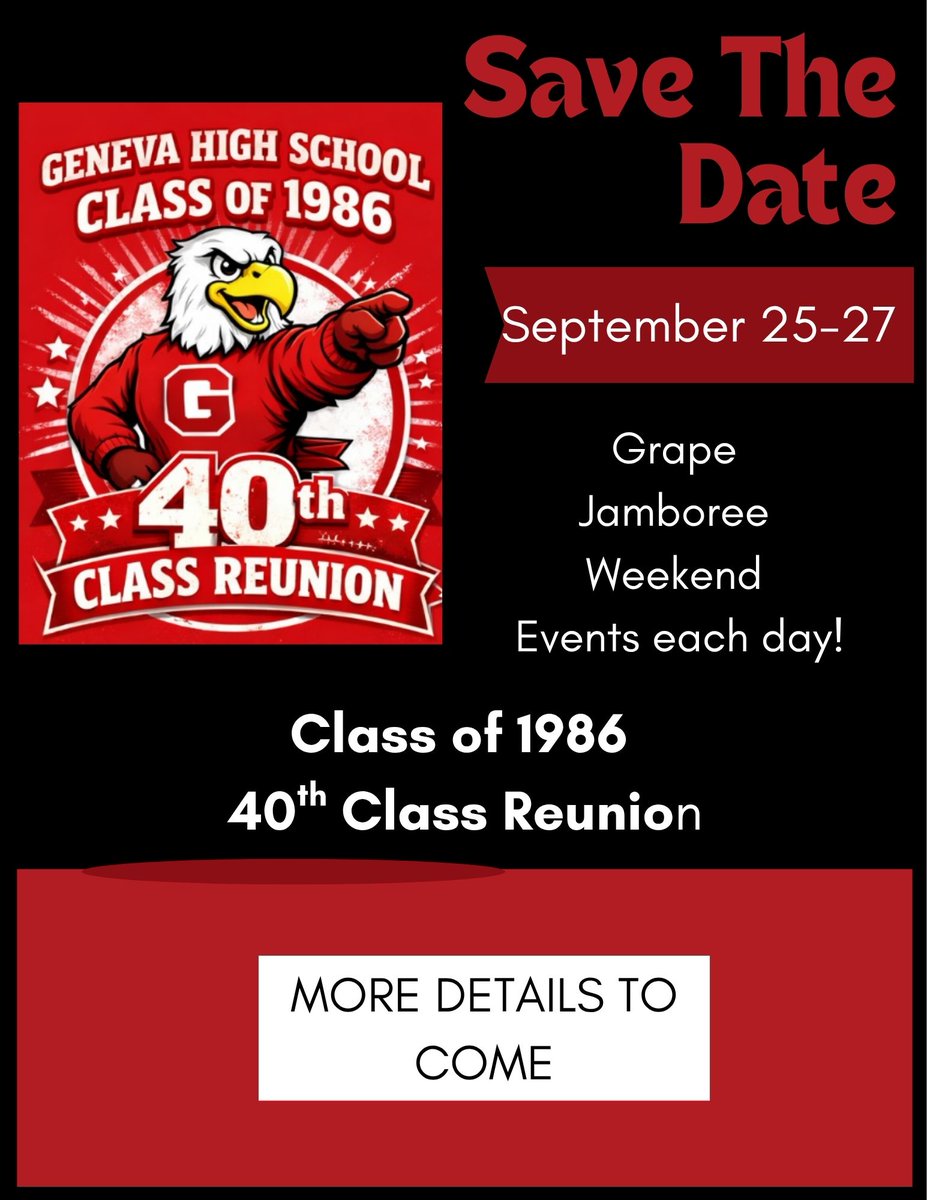 PotterNorm's tweet photo. Save the Date, GHS Class of 1986.  More details to come https://t.co/pUfiqtM6f8