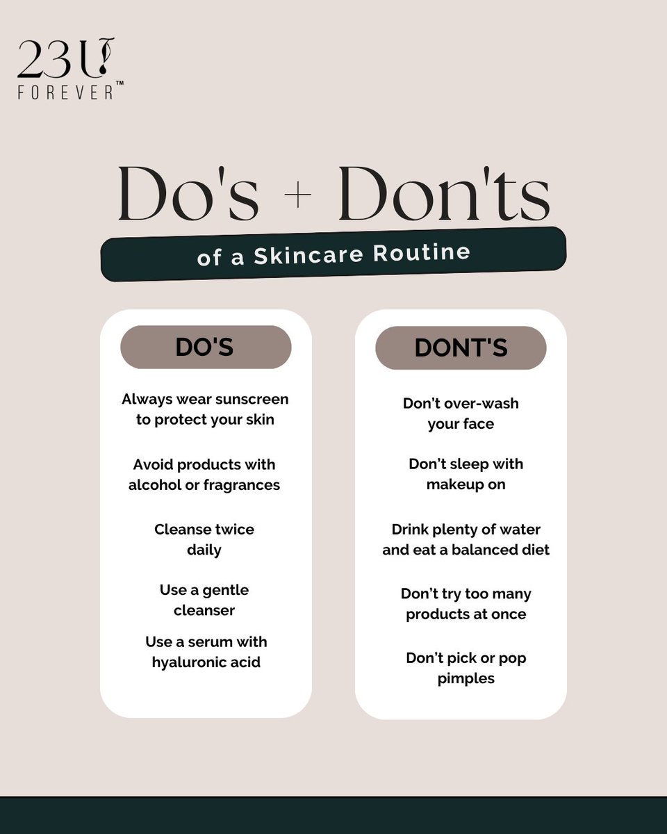 23UFOREVER's tweet image. The do's and dont's that make your skin thrive.

#SkincareRoutine #SkinCareTips #LessIsMore #HealthyGlow #SkinCare101 #GlowUpDaily #ClearSkinJourney #SimpleRoutine #BeautyCare #SkinGoals