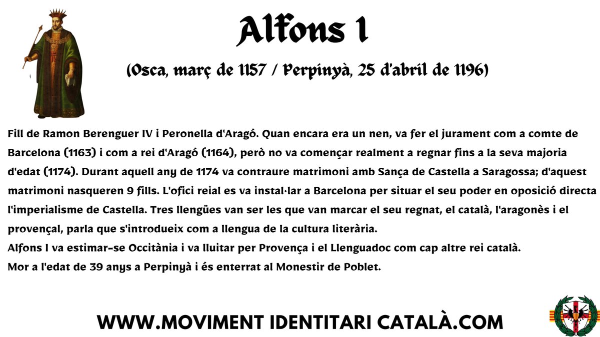El 25 d'abril de l'any 1196 va morir Alfons I, Comte de Barcelona i Rei d'Aragó. Reposen les seves despulles al Reial Monestir de Poblet, al cor de la nació catalana. El seu regnat fou clau en la consolidació de la Corona d'Aragó i l’expansió del poder català.
