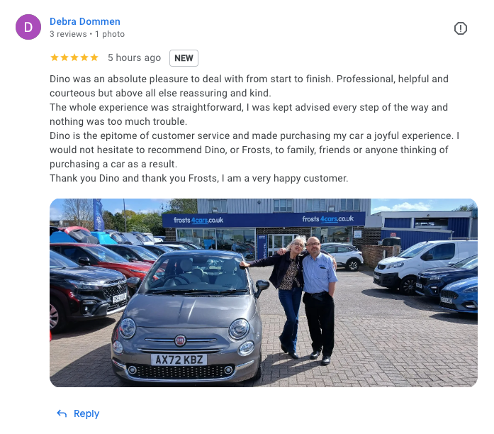 FrostsCarsLtd's tweet photo. ⭐️ NEW Google Review JUST IN ⭐️

Huge congrats to Debra on her Fiat 500 🚗✨ 
Great handover &amp; a brilliant 5⭐️ review!

Debra praised Dino for his professionalism, kindness &amp; reassurance – “the epitome of customer service”.

Enjoy every mile! 😊 #TeamFrosts https://t.co/P8MyiL93fG