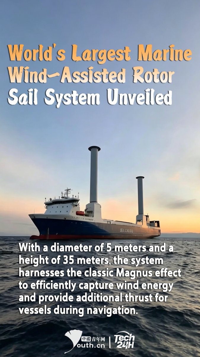 YouthChina's tweet image. 【#Tech24H】#Qingdao SunRui Marine Environment Engineering Co., Ltd., a subsidiary of CSSC Group Corporation No. 725 Research Institute, unveiled the world’s largest #marine wind-assisted rotor sail system in #Dalian. With a diameter of 5 meters and a height of 35 meters, the