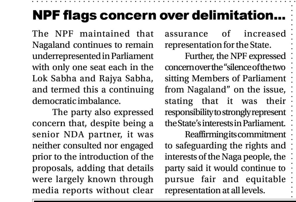 INCNagaland's tweet photo. It has come to the notice of the Nagaland Pradesh Congress Committee (NPCC) that certain reports, including statements attributed to the NPF, have suggested a “silence” on the part of the two sitting Members of Parliament from Nagaland regarding the delimitation issue.

On behalf of the NPCC Social Media Chairman, we wish to clarify that Shri S. Supongmeren Jamir, Honourable MP (Lok Sabha) from Nagaland, has already raised the matter of delimitation and the State’s underrepresentation in Parliament on 17th April 2026 at the discussion hour, including through appropriate interventions in the House.

The claim that both MPs have remained silent is factually incorrect and does a disservice to the efforts being made to safeguard the democratic rights of the Naga people. Shri Jamir continues to actively pursue fair and equitable representation for Nagaland in Parliament.

We urge all parties to verify facts before making public statements and to work collectively in the interest of the State.

#womenReservation
#Delimitation