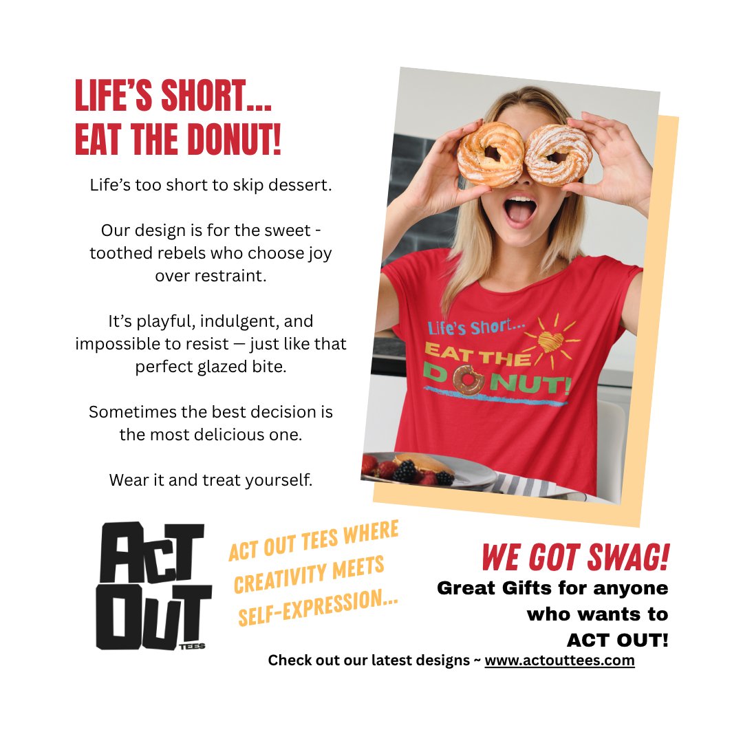 JoeNendza17334's tweet image. LIFE’S SHORT… EAT THE DONUT!
Our design is for the sweet-toothed rebels who choose joy over restraint.
Act Out Tees ~ actouttees.com
#donut #dessert #sweet #foodie #treat #indulge #yum #snack #funny #cravings #PrintOnDemand #Tees