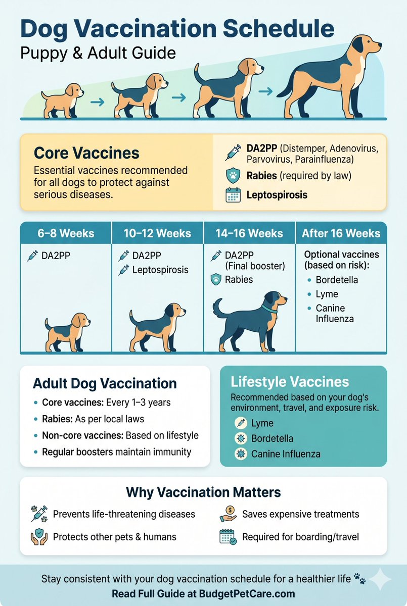 _budgetpetcare's tweet image. Dog Vaccination Schedule Made Simple

From puppy shots to adult boosters. Don’t miss a dose!
Protect your pet from serious diseases

Read More on the budgetpetcare blog

#doghealth #petcare #puppycare #budgetpetcare