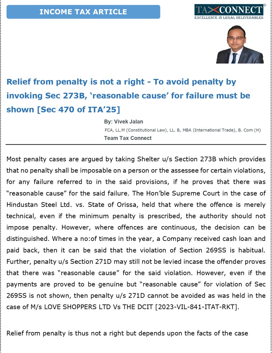 cavivekjalan's tweet image. Pleased to share an Article on "Relief from penalty is not a right - To avoid penalty by invoking Sec 273B, ‘reasonable cause’ for failure must be shown [Sec 470 of ITA’25]"

Thanks &amp;amp; Regards
Vivek Jalan
@TaxConnectLLP 

#incometax #taxlaw #TaxCompliance #section273b