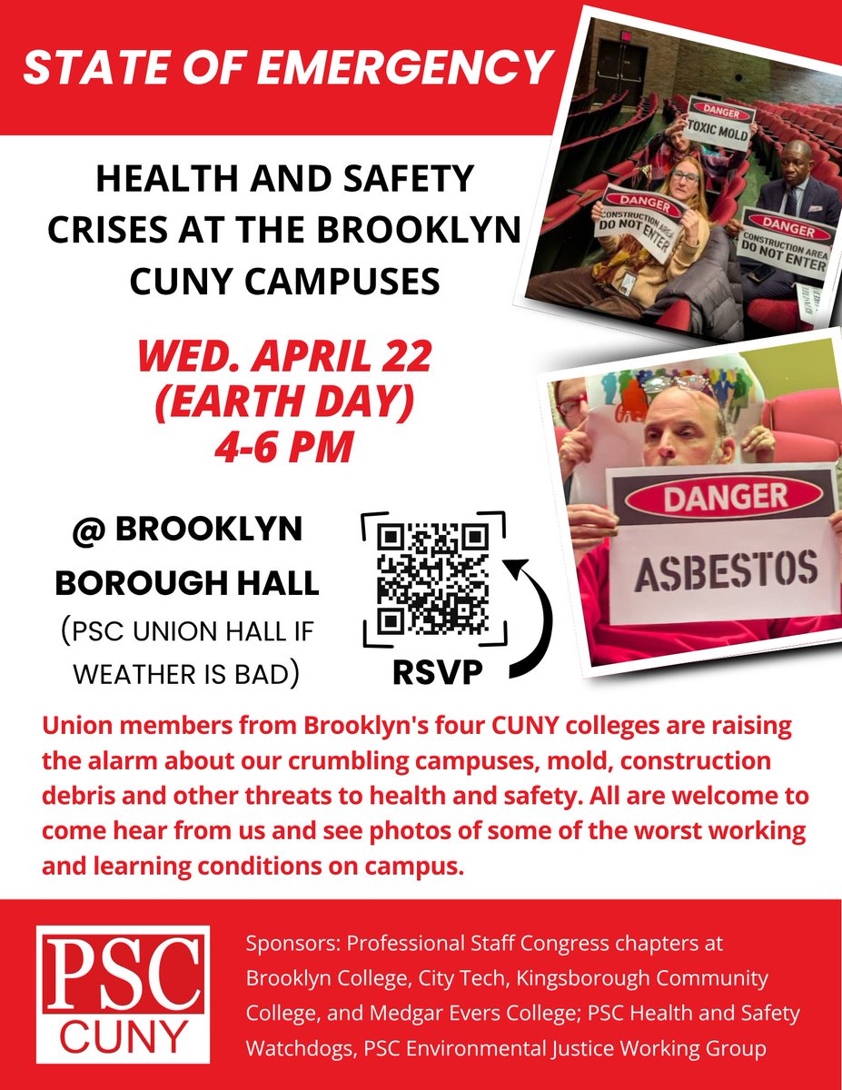 PSC_CUNY's tweet photo. 𝗦𝗽𝗲𝗮𝗸-𝗢𝘂𝘁 𝗼𝗻 𝗔𝗽𝗿𝗶𝗹 𝟮𝟮𝗻𝗱, 𝟰-𝟲𝗣𝗠
This is a chance to speak out and hear about the conditions that affect our health while working at @CUNY. For more info &amp; to RSVP: https://t.co/l5s2aksIGv. https://t.co/no9zGwiH7l