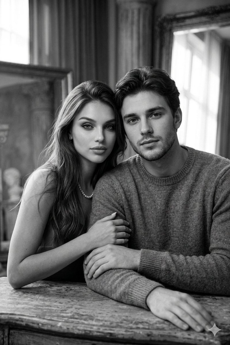 Image on Gemini Nano Banana 

Prompt:
A cinematic, black-and-white portrait of a young couple. A woman with long, wavy hair and a pearl necklace leans her head against a man with short, textured hair and light stubble. They are looking directly at the camera with a soft, neutral
