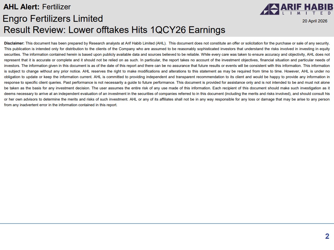 ArifHabibLtd's tweet image. AHL Alert - EFERT Lower offtakes Hits 1QCY26 Earnings

#KSE100 #PSX #Equities #Pakistan #EFERT