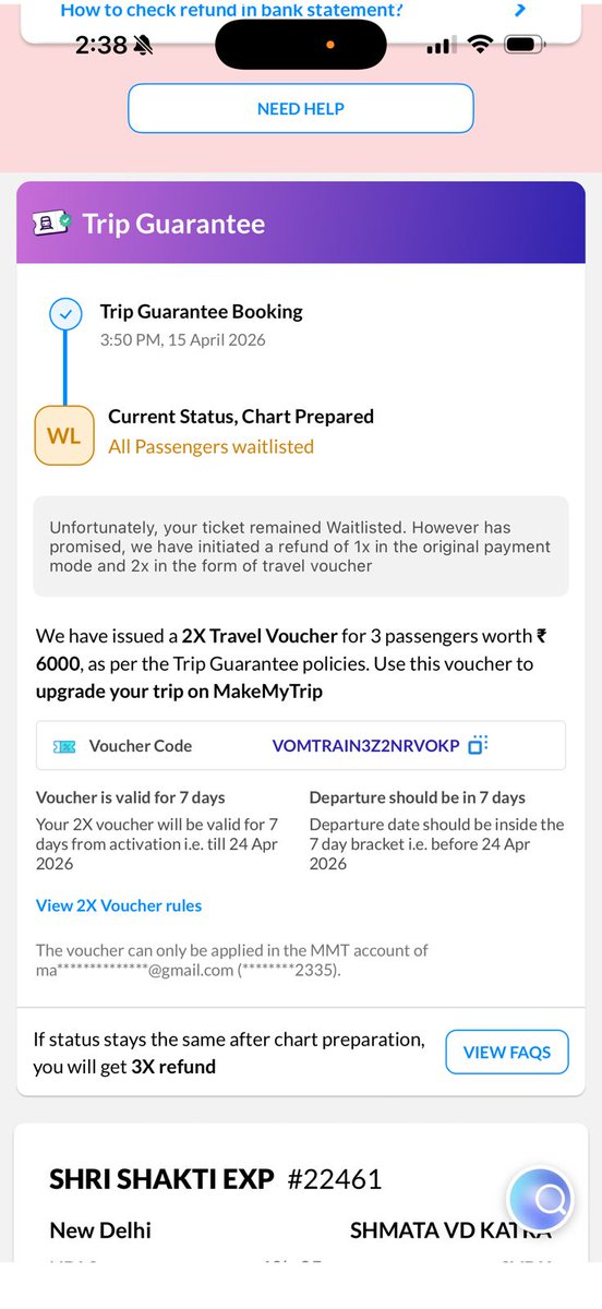 _amajas's tweet photo. During booking, @makemytrip promised a 3X refund if the ticket didn't get confirmed. They charged me approx ₹500 EXTRA per person (₹1500 total).
Expectation: Genuine protection.
Reality: They kept the ₹1500 premium and sent the "3X" as a useless coupon. (2/4) https://t.co/ueAROxLMq2