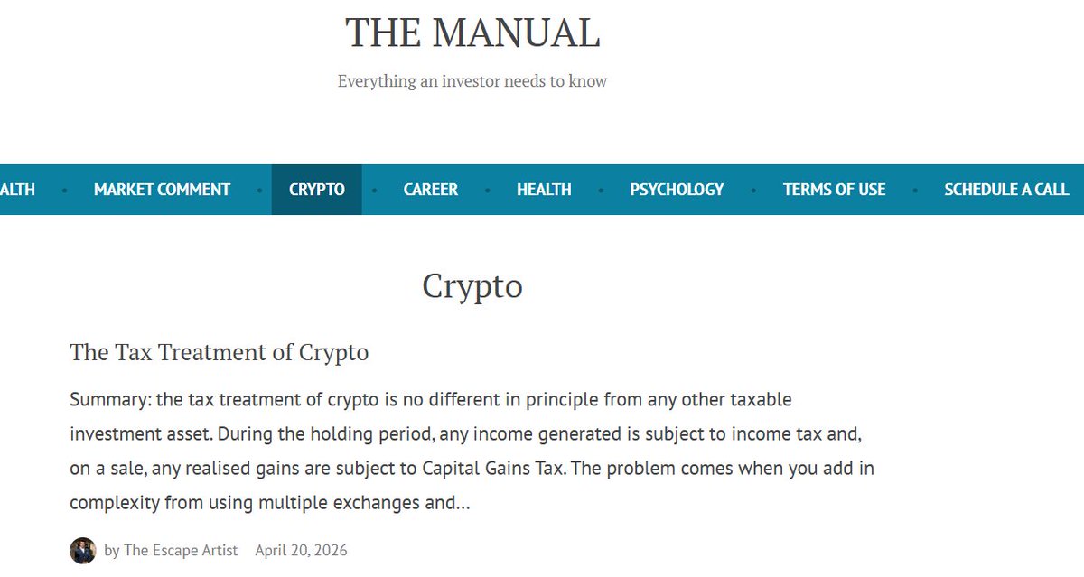 TheEscapeART1ST's tweet photo. The Tax Treatment of Crypto : Everything you need to know (new article for subscribers)

https://t.co/dqZGs1vDD9 https://t.co/O6Nn5Ah2Fp