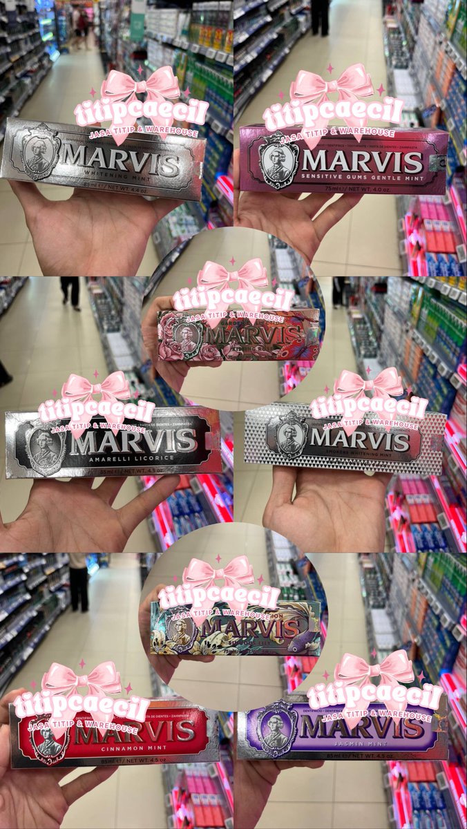 titipcaecill's tweet photo. Open PO Marvis Toothpaste 🦷✨
All varian original from Jastip Vietnam 100% 🇻🇳

All varian 249K IDR / pcs 
Harga sudah include jastip ke Indonesia
Sistem payment full, bisa check ig &amp; check ig owner💗
 #zonauang #jastipvietnam https://t.co/HIWRyGZPBA