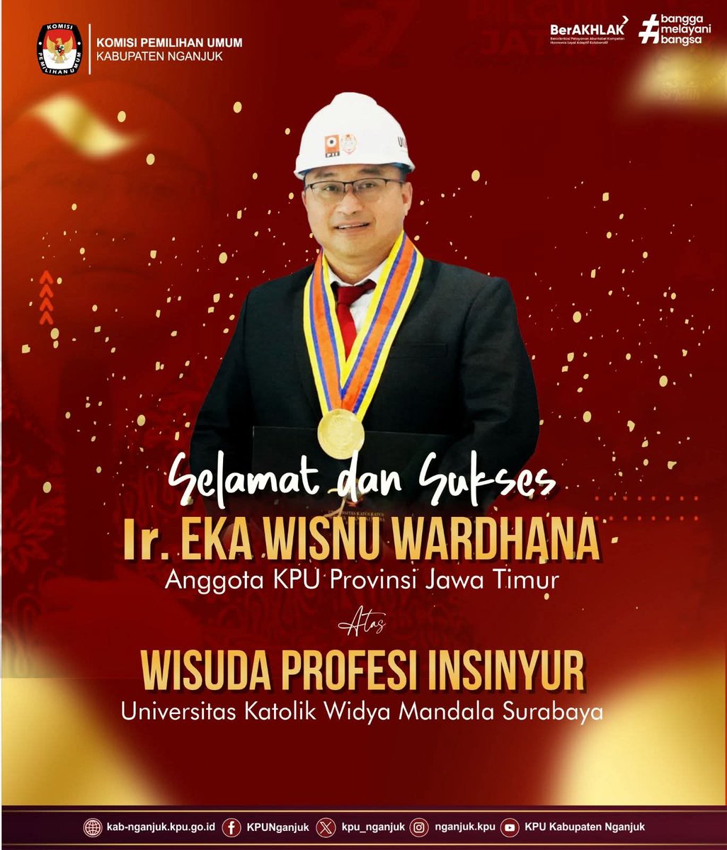 #TemanPemilih, jajaran KPU Nganjuk menyampaikan Selamat dan Sukses kepada Bapak Eka Wisnu Wardhana (Anggota KPU Jatim) atas Wisuda Profesi Insinyur Universitas Katolik Widya Mandala Surabaya.

Semoga ilmu yang didapat dapat bermanfaat dan berkah.. Aamiin YRA

#KPUMelayani