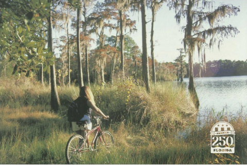 MyFWC's tweet photo. This season brings wonderful opportunities to create timeless outdoor memories in Florida, with a front row seat to golden hours and scenic landscapes. ☀️

Whether you prefer paddling a canoe or traversing the wilderness on a bike, there are countless ways to adventure outside this season. These activities are just a few ways Floridians have connected with their natural environments for decades.

@America250FL #OldFlorida #FLHeritage