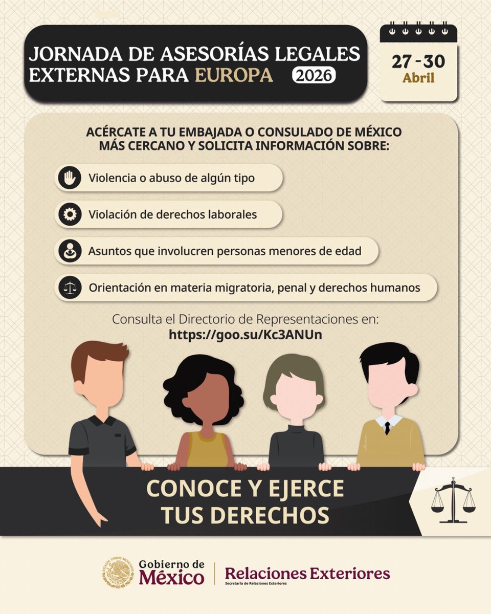 🚨📣 ATENCIÓN 📣🚨
 🇲🇽🤝🇪🇸 La @EmbamexEsp te invita a las ⚖️ Jornadas de Asesoría Jurídica Presencial Gratuita:
🗓 28 y 30 de abril. | 🕙 10–14 h 
📍 Embajada de México en España
📧 Pide tu cita a: consmadrid@sre.gob.mx
#ProtecciónConsular