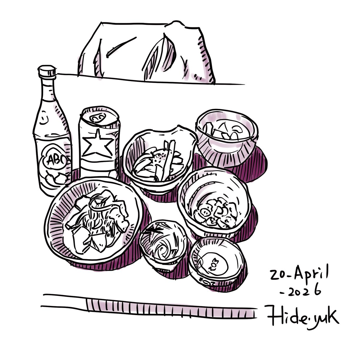 hidebosan's tweet image. latihan. makan malam pada hari ini. 今日の夕食。 #sketsapen #pensketch  #sketch #clipstudio #makanan