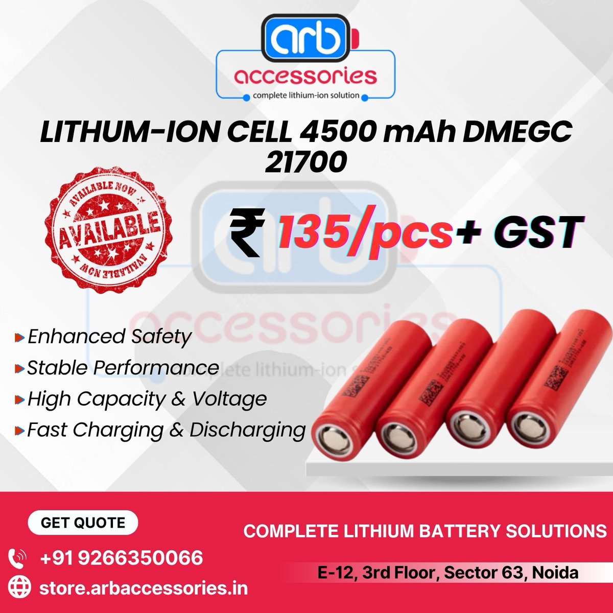 arb_ltd's tweet image. 🔋 Lithium-Ion Cell – High Performance Energy Solution

🔹 DMEGC Lithium-Ion Cell – 21700 (4500 mAh)

🛒 Available at ARB Accessories
🌐 store.arbaccessories.in/category/cell

#ARBAccessories #LithiumIon #21700Cell #DMEGC #BatteryCells #EVBattery 🔋⚡