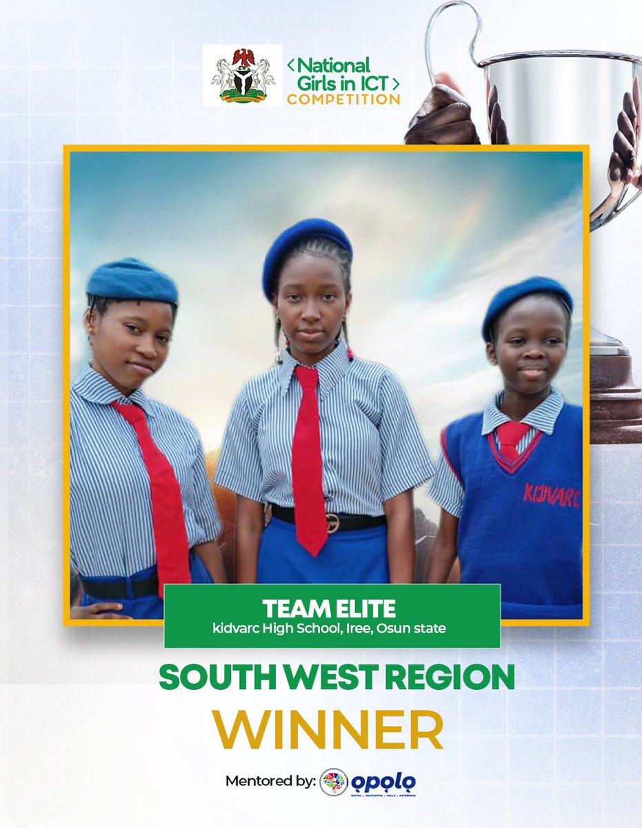 OpoloGlobal's tweet photo. Big win for our girls! 💚

The team we mentored from Kidvarc High School, Iree are now South West Regional Winners at the National Girls in ICT Competition 🇳🇬

Next stop: Abuja for the national finals. We’re rooting for them all the way 🚀

#OpoloGlobal #GirlsInICT #STEMGirls https://t.co/3JuZb7KAQe