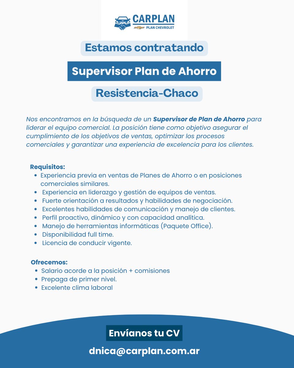 tneaar's tweet image. 🔵⚪️ #RESISTENCIA - CARPLAN busca #SUPERVISOR #PLAN DE #AHORRO

👉 Envianos tu CV a: 📧 dnica@carplan.com.ar con Asunto: "Supervisor Plan de Ahorro"

#TNEA #Chaco #empleoar #trabajoar