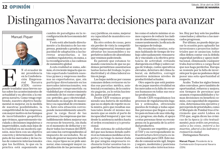 CEN_Navarra's tweet photo. Artículo de nuestro presidente Manuel Piquer sobre la mitad de su mandato, que aborda todos los temas que afectan a la competitividad de las empresas en Navarra.
👉 Podéis leer el artículo completo en nuestra web https://t.co/RDpb6Zn9aO https://t.co/vbU3Gylw3A