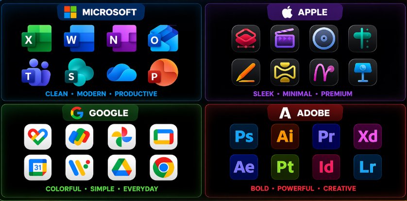 gajetblog's tweet image. アプリアイコンって
結局どこが一番強い？
・Apple → シンプルで高級感
・Microsoft → 統一感＆実用性
・Google → カラフルで直感的
・Adobe → クリエイター感全振り
正直、見た目で選ぶならどれ？
#UIデザイン #アプリアイコン #Apple #Google #Microsoft #Adobe #ガジェット