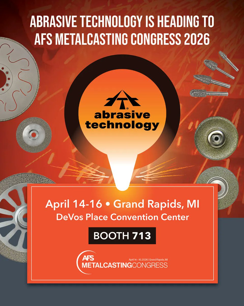 AbrasiveTech's tweet photo. AFS Metalcasting Congress 2026 is almost here!  Stop by to explore our advanced superabrasive solutions — built to meet the demands of today's foundries — and meet the team behind the technology.  We'd love to connect.  Booth 713  DeVos Place Convention Center | Grand Rapids, MI https://t.co/XgJNmmIMyw
