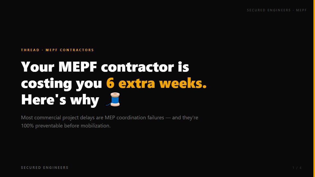 SecuredEnginee2's tweet photo. Your MEPF contractor is costing you 6 extra weeks.
Here's why — and how to fix it before mobilization 🧵

#MEPFContractor #EPCContractor #RealEstateDeveloper #CommercialConstruction #SolarEPC  #EngineeringIndia #BuildingServices #MEP #IndustrialConstruction #SecuredEngineers https://t.co/VqXWIF06OS