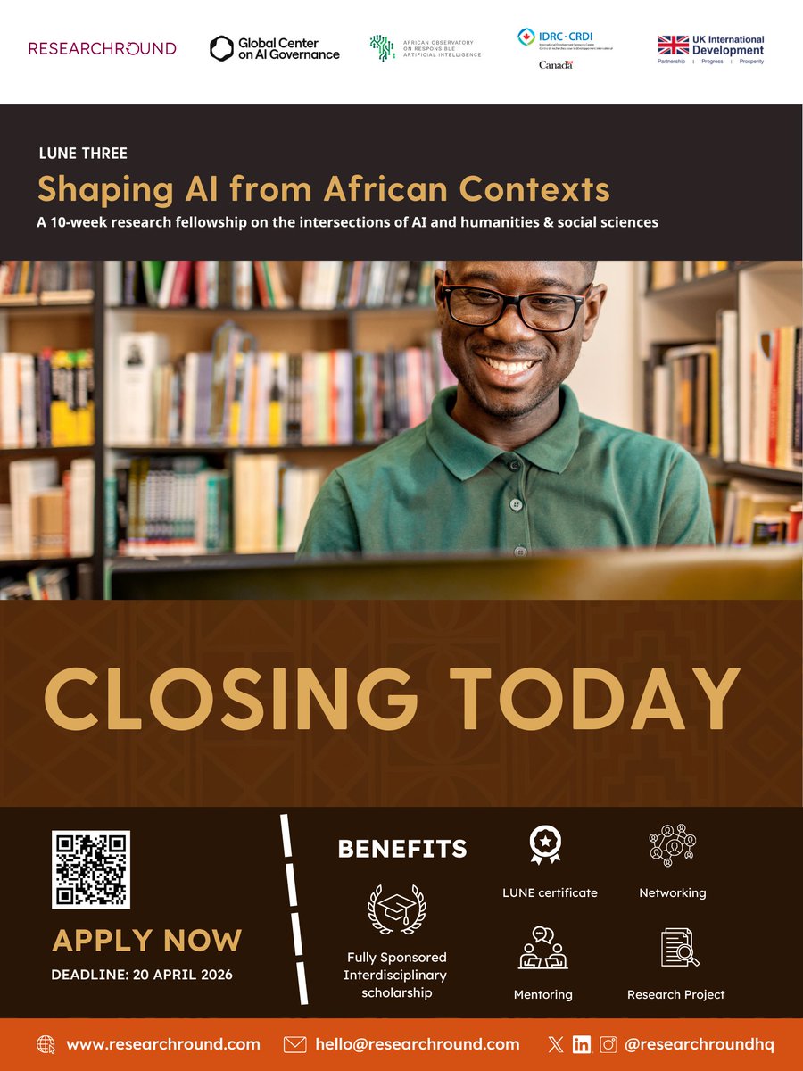 Call for Applications ends today, April 20, 2026.

Apply for LUNE THREE - Shaping AI from African Contexts:

researchround.com/lune-three

#LUNEThree #AIinAfrica #ResearchRound