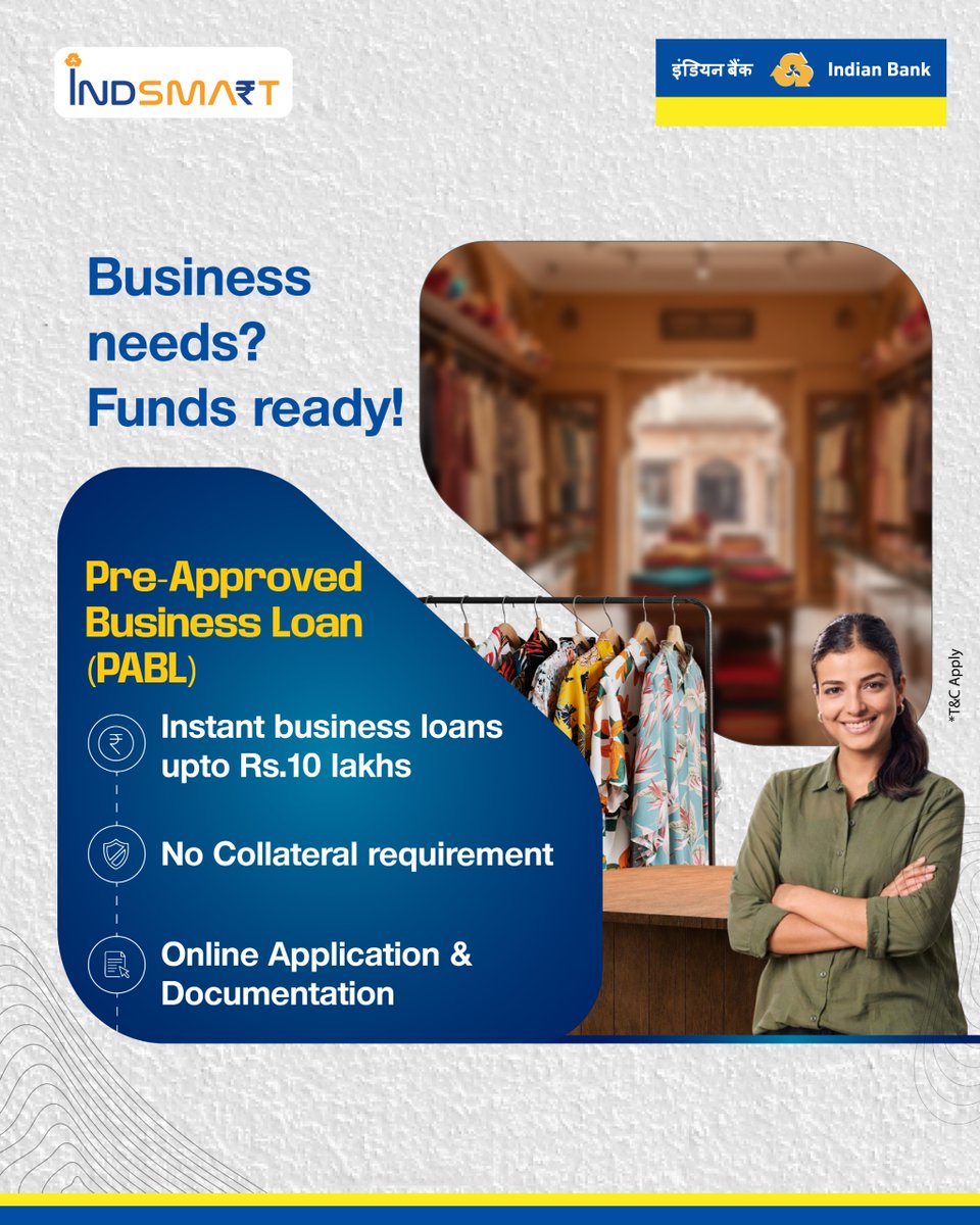 MyIndianBank's tweet image. Your business doesn’t wait for the right moment, it creates one.
With Indian Bank’s Pre-Approved Business Loan, access funds instantly and keep moving forward without delays.

Know more - bit.ly/IB_PABL

#IndianBank #PABL #PreApproved #BusinessLoan