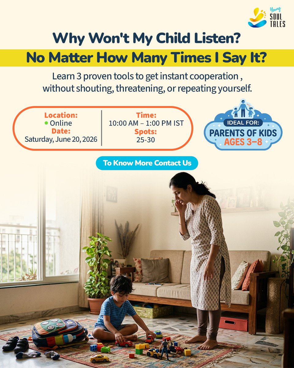 youngsoultales's tweet image. You’ve said it once… twice… many times.
“Why won’t my child listen?”
Maybe it’s not about listening ,it’s about understanding.
Learn simple ways to truly connect with your child.
DM “PARENT” to join workshop.

#parentingworkshop #youngsoultales #childdevelopment