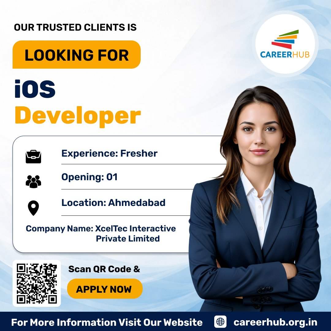 careerhub_iespl's tweet image. Hiring: iOS Developer

• Location: Ahmedabad
• Experience: Fresher
• Openings: 1
Company: XcelTec Interactive Private Limited

Apply Now: careerhub.org.in
Tag: Career Hub - AI Based Free Job Portal

#iOSDeveloper #AhmedabadJobs #FresherJobs #HiringNow  #CareerHub