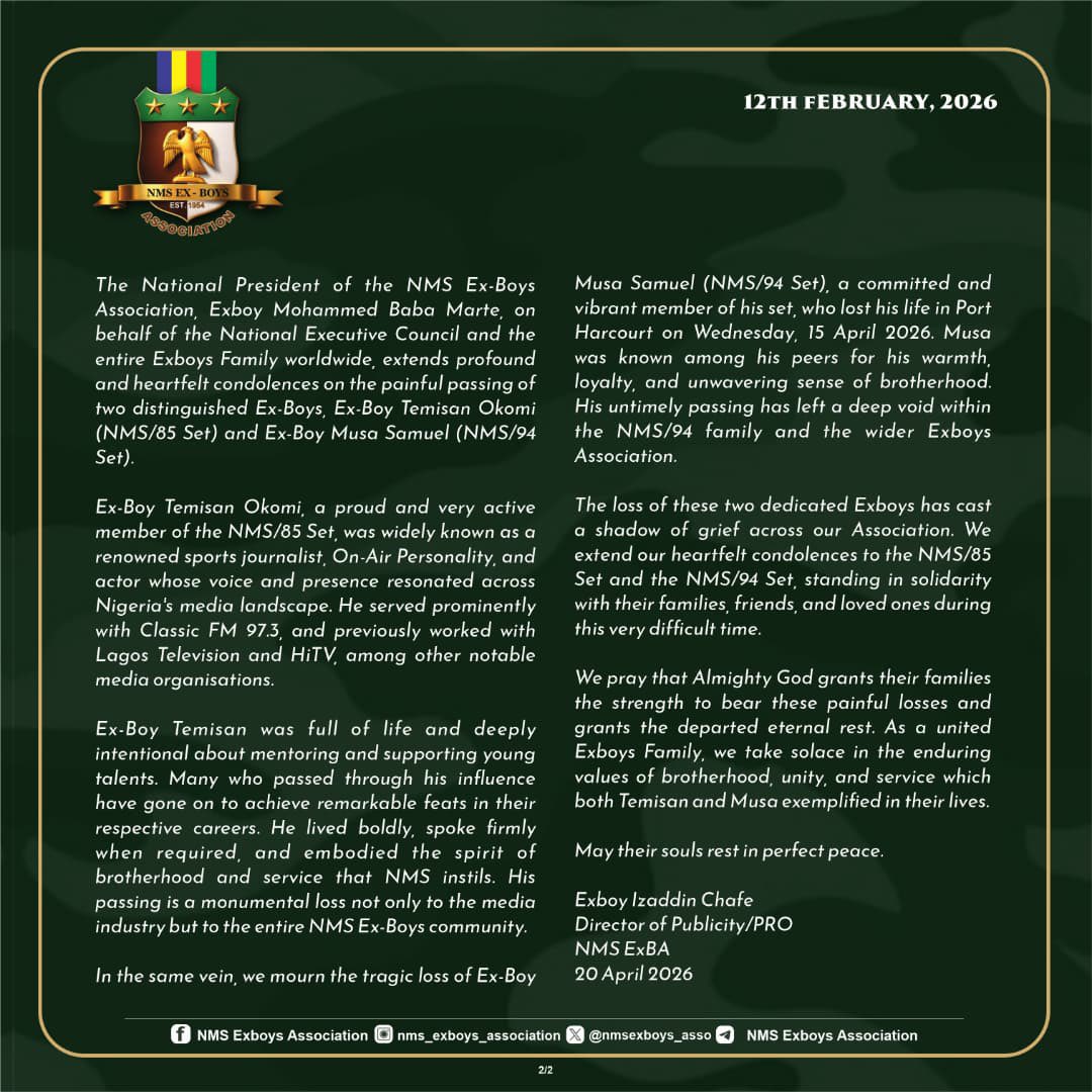 nmsexboys_asso's tweet photo. NMS EXBA SENDS HEARTFELT CONDOLENCES ON THE PASSING OF EXBOY TEMISAN OKOMI (NMS/85) AND EXBOY MUSA SAMUEL (NMS/94)

https://t.co/I1CYQDyh3Y https://t.co/CdAjrlzAfX