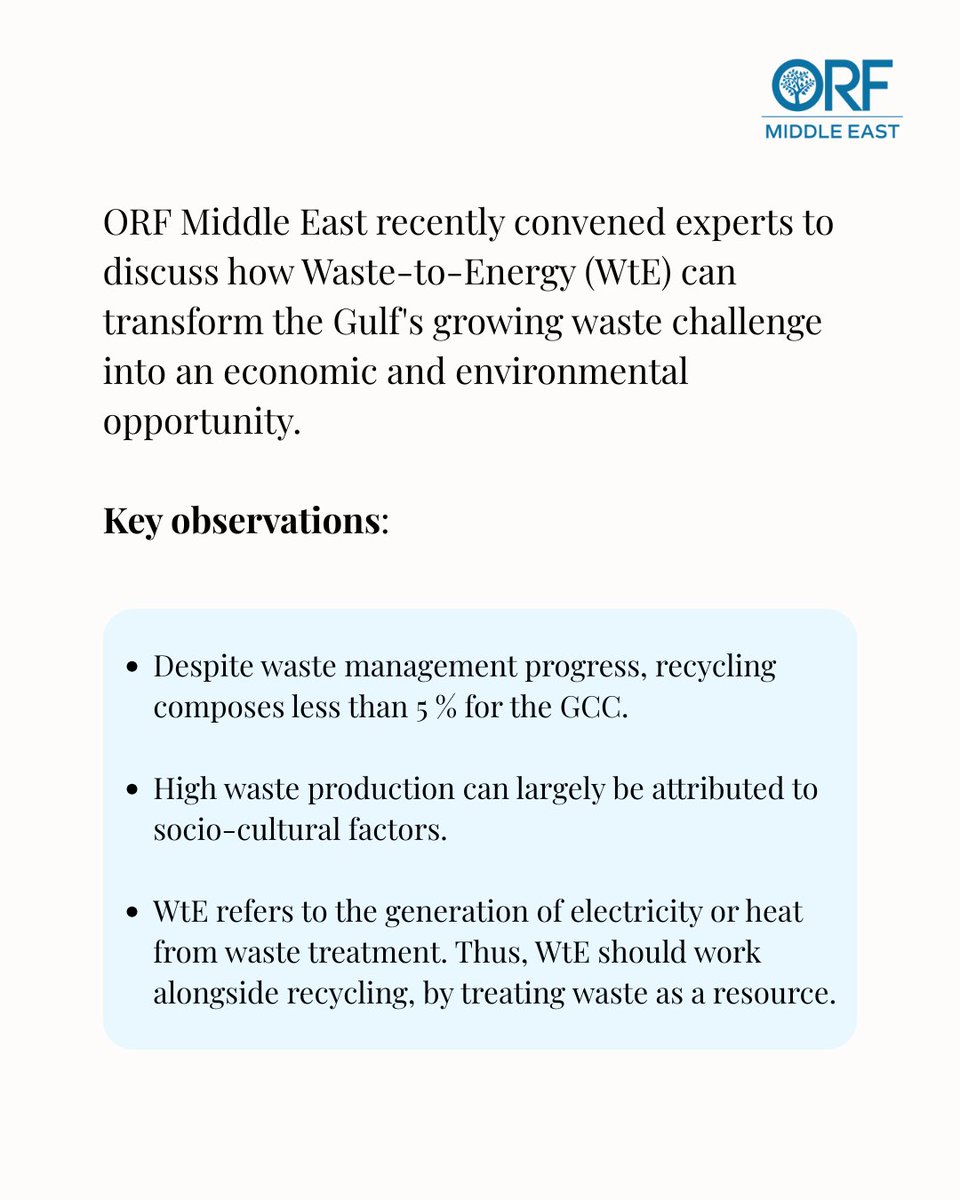 orfmiddleeast's tweet image. Waste is becoming one of the #Gulf’s biggest untapped resources. Despite waste management progress, #recycling composes less than 5 % in the Gulf. 

@orfmiddleeast convened experts to discuss how Waste-to-Energy (#WtE) can play a critical role in ensuring that rubbish piling up