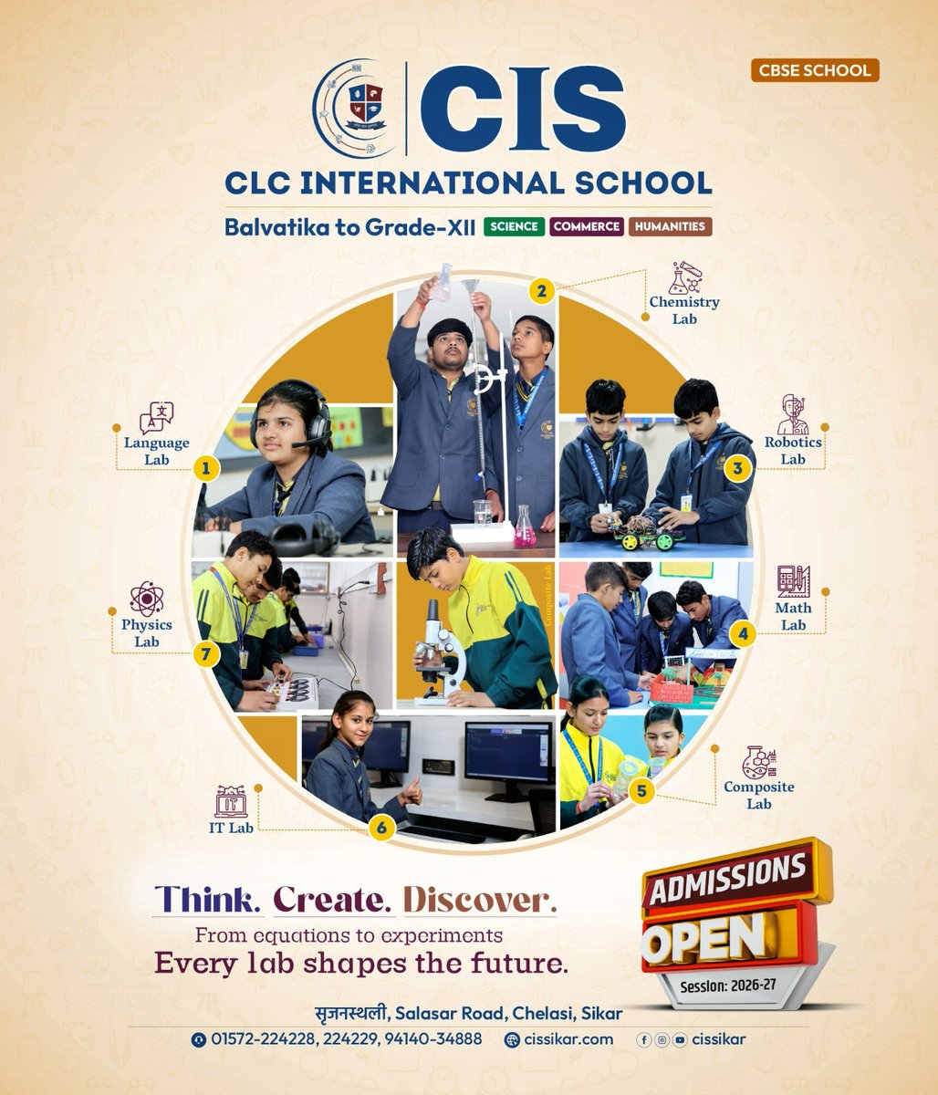CLCSIKAR's tweet image. From experiments to innovations, we nurture academic excellence at every step. 🌟
State-of-the-art laboratories | Experienced faculty | Holistic development | CBSE curriculum
Admissions Open – Session 2026–27 🎓

#CISSikar #CLCInternationalSchool #AdmissionsOpen #CBSESchool