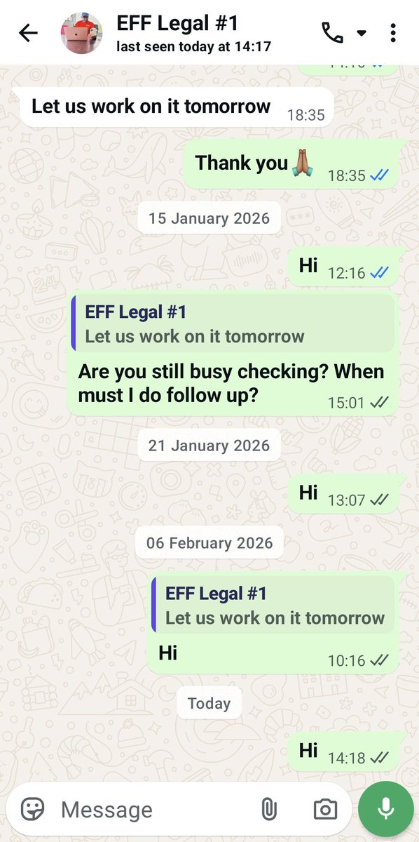 Bibi_svah's tweet photo. @Julius_S_Malema Dear CIC, 
Who gets helped in your whatsapp legal line? Since August 2025 trying just to engage and share my story, No1 willing just to listen how much more with advise and guidance? https://t.co/Qw08kUwgR6
