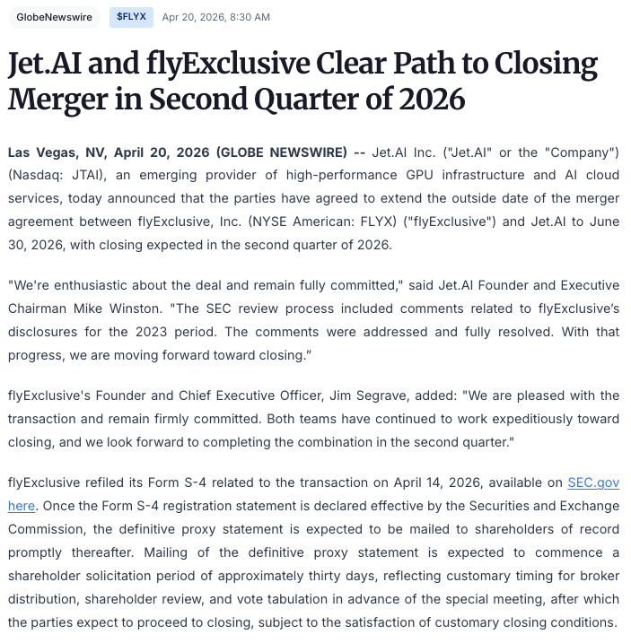 og_tigress's tweet photo. $JTAI https://t.co/Zcl6t6u63E and flyExclusive Clear Path to Closing Merger in Second Quarter of 2026 $FLYX 

"We're enthusiastic about the deal and remain fully committed," said https://t.co/Zcl6t6u63E Founder and Executive Chairman Mike Winston. "The SEC review process included comments related to flyExclusive’s disclosures for the 2023 period. The comments were addressed and fully resolved. With that progress, we are moving forward toward closing.”

flyExclusive's Founder and Chief Executive Officer, Jim Segrave, added: "We are pleased with the transaction and remain firmly committed. Both teams have continued to work expeditiously toward closing, and we look forward to completing the combination in the second quarter."

https://t.co/gwEWDS17VA