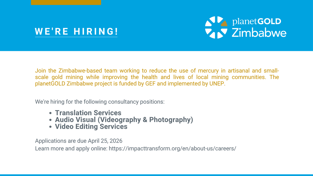 planetGOLD_Zim's tweet image. We are hiring for the following consultancy roles:

1. Translation Services
2. Audio-Visual (Videography &amp;amp; Photography)
3. Video Editing Services

Click the link for full details.
👉impacttransform.org/en/about-us/ca…