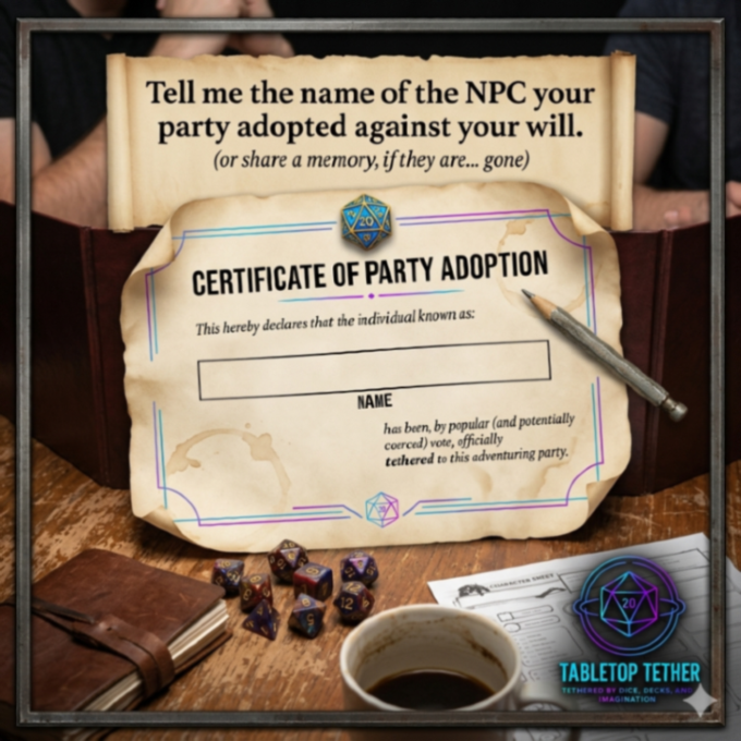 TabletopTether's tweet image. This ones for the DM's- Tell me the name of the NPC your party adopted against your will. If you're a player- how did your DM react to the new addition?

#tabletoptether #npc #ttrpg #dandd