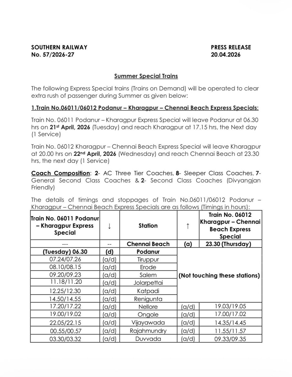 GMSRailway's tweet image. Summer Special Trains!

The following Express Special trains (Trains on Demand) will be operated to clear extra rush of passenger during Summer.

#SouthernRailway #IndianRailways #Summer
