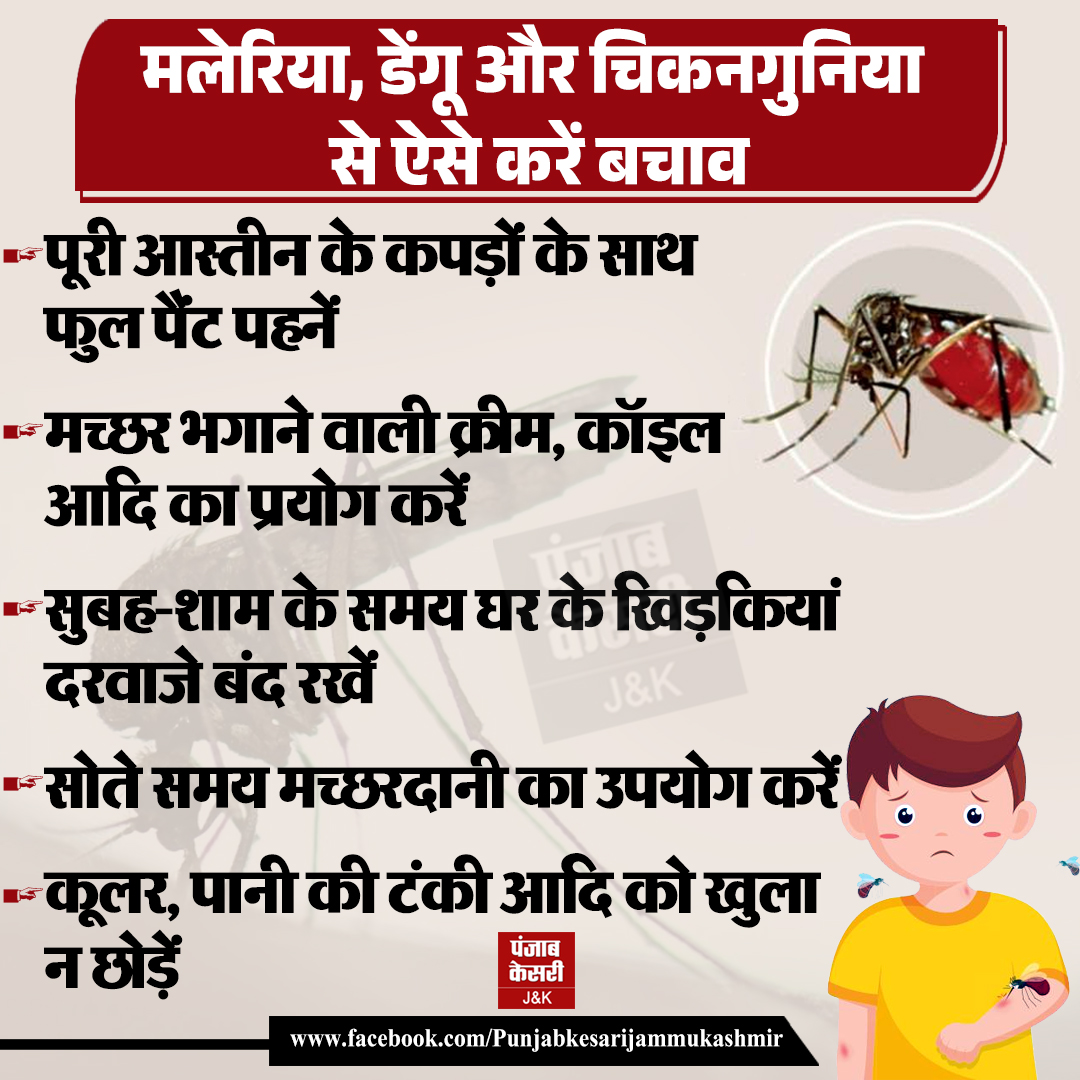 jammukesari's tweet image. मलेरिया, डेंगू और चिकनगुनिया से ऐसे करें बचाव

#HealthAlert #DenguePrevention #MalariaAwareness #HealthAdvisory #Chikungunya