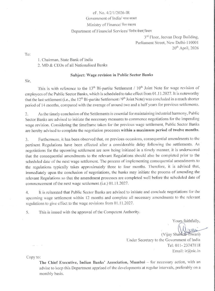 iNitinTyagi's tweet photo. 🚨 BIG NEWS FOR ALL PSB BANKERS

 @DFS_India has issued a strong official directive for the 13th Bi-partite Settlement / 10th Joint Note (effective 01.11.2027).

Today’s Letter (20 April 2026) Key Directions:
➡ Start negotiations immediately
Complete the entire process within a maximum of 12 months
➡ Ensure all consequential amendments to regulations are done well before 01.11.2027
➡ Avoid past delays for maintaining industrial harmony

Past Delays (for reference):

12th Bipartite (due 01.11.2022) → Signed 08.03.2024 → 1 year 4 months delay

11th Bipartite (due 01.11.2017) → Signed 11.11.2020 → 3 years delay

10th Bipartite (due 01.11.2012) → Signed 25.05.2015 → 2 years 7 months delay

This letter is a clear message from the Government to end the long delay culture in wage settlements.

Bankers, this is your moment! 

Share widely & tag your unions/associations.

#13thBipartite #WageRevision #PSBBanks #BankEmployees #BipartiteSettlement #BankingNews #Bankersvoice