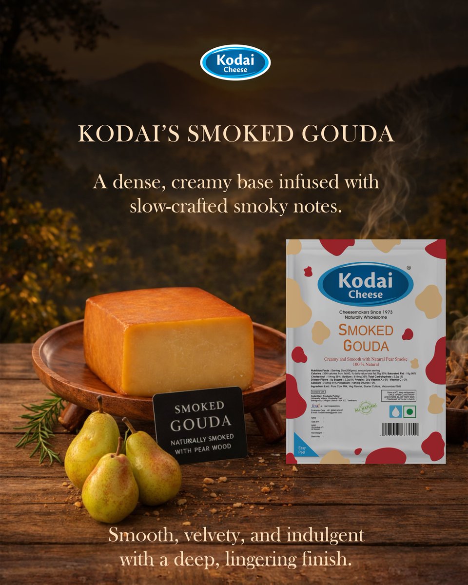 KodaiCheese's tweet photo. Slow-smoked. Deeply indulgent.
Kodai Smoked Gouda 
Rich, creamy, with a lingering smoky finish.
#SmokedGouda #ArtisanCheese #GourmetCheese #PremiumCheese #NaturallyWholesome #LuxuryCheese https://t.co/Xj8BZyBnLd