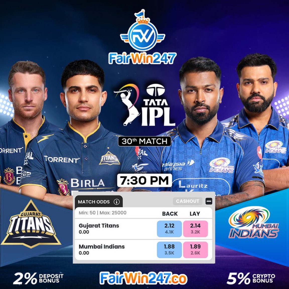 rahulm3's tweet image. 🏏️ IPL - Gujarat Titans v Mumbai Indians🏏️ 
Shubhman Gill v Hardik Pandya

Predict Now On -
bit.ly/FAIRWIN247 (@FairWin_247)
✓ 2% Deposit Bonus
✓ 5% Instant Crypto Bonus

#IPL2026 #Gambling #GTvMI #TATAIPL