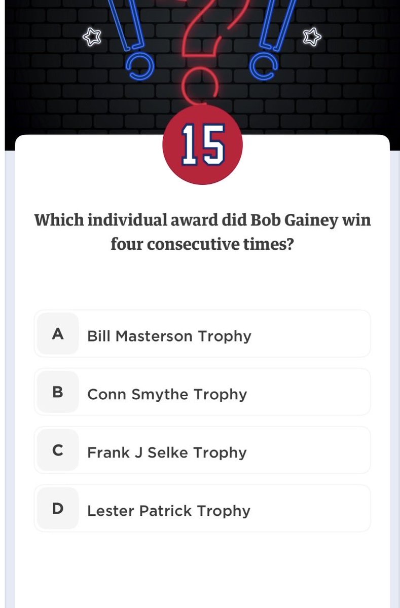 #GoHabsGo April 20 surprise question.  Found April 2.  Answer: C - Selke.  The award was basically created for Gainey.  Thanks to <a href="/Sheldon_8020/">Sheldon</a> #HabsPlusCodes #Club1909Codes