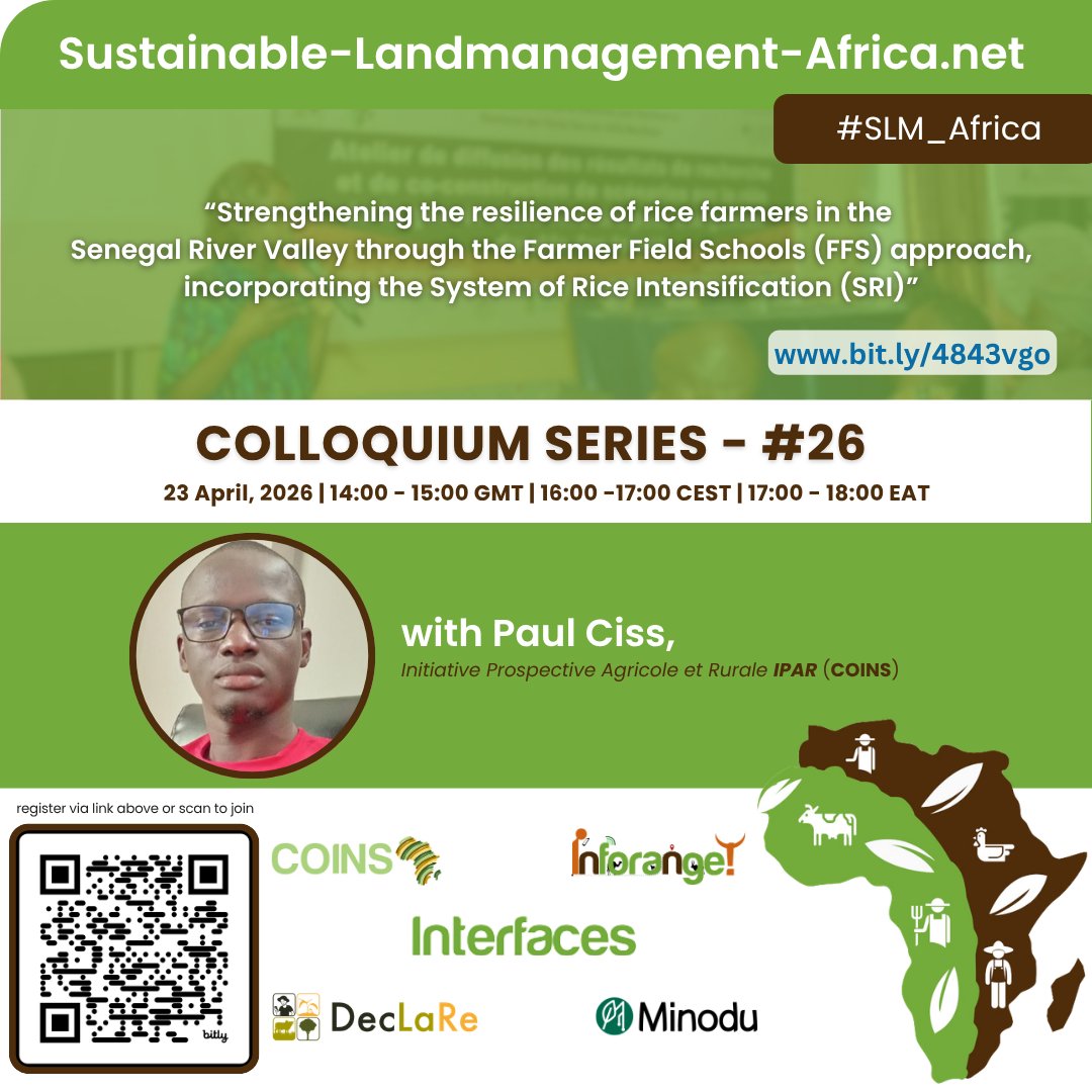 FARAinfo's tweet photo. Three days to Go!

Do not miss out on the #SLM_Africa #INTERFACES Colloquium Series #26, focusing on innovative approaches to strengthen rice farming systems in Africa.

🗓️23 April |⏰ 14:00 GMT

Register via🔗 https://t.co/S9ffj5o75W

#Agriculture #ClimateResilience #Africa https://t.co/G08RT8MuMG