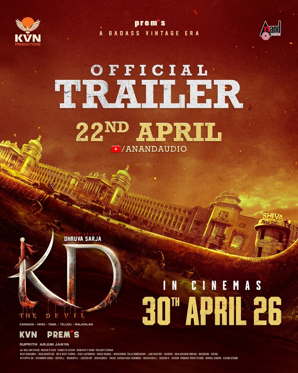 filmycorner9's tweet image. #KDTheDevil Trailer Releasing on April 22nd 

In Cinemas from April 30th 

#DhruvaSarja #Kannada #Movie #KVNProductions
