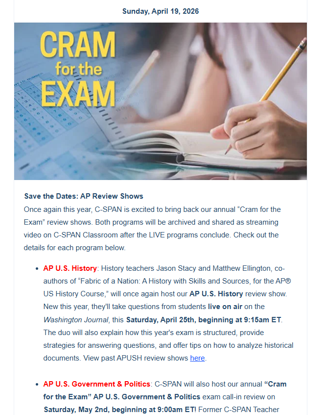 CSPANClassroom's tweet photo. This week's @CSPAN Classroom e-newsletter is available at https://t.co/mfucvqgWtl and includes:
📺 our #APUSH and #APGov LIVE review shows this weekend and next,
💰 financial literacy and economics resources,
🌎 our Earth Day collection,
🇺🇸 and U.S. history from 1945 to 1970. https://t.co/Kq2fBl4lSE