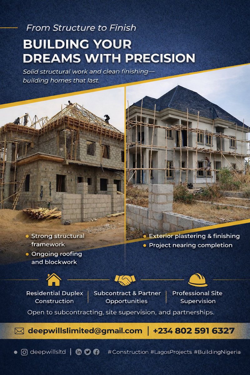 BelovedWillls_1's tweet image. From foundation to finishing

—quality construction you can trust.

This residential duplex project reflects our commitment to durability, precision, and timely delivery.

Deep Wills Ltd – Design. Build. Deliver.

#Construction #Projects #CivilEngineering #BuildingNigeria