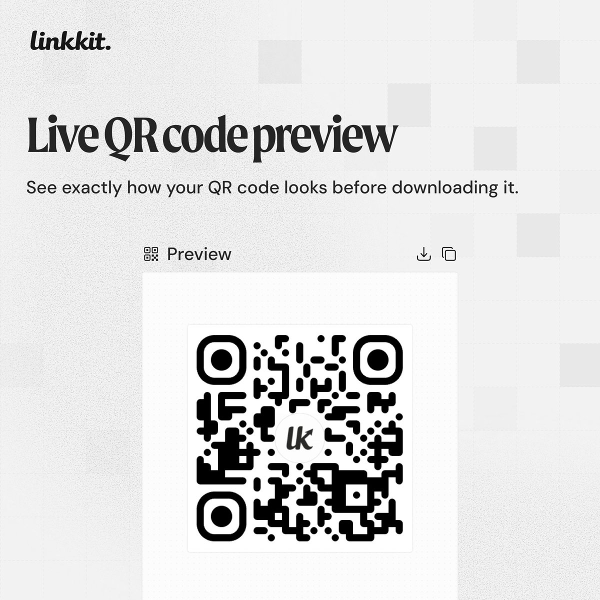 linkkit_'s tweet image. See your QR code before downloading it.
With Linkkit’s Live QR Code Preview, every design update appears instantly, so your QR codes look exactly right the first time.
Create custom QR codes in seconds!
Visit the full features here: uselinkkit.com/product/qr-cod…

#QRCode #Linkkit #Saas